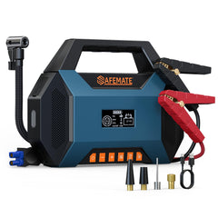 Safemate 2500A jump starter with air compressor, front view for roadside starts