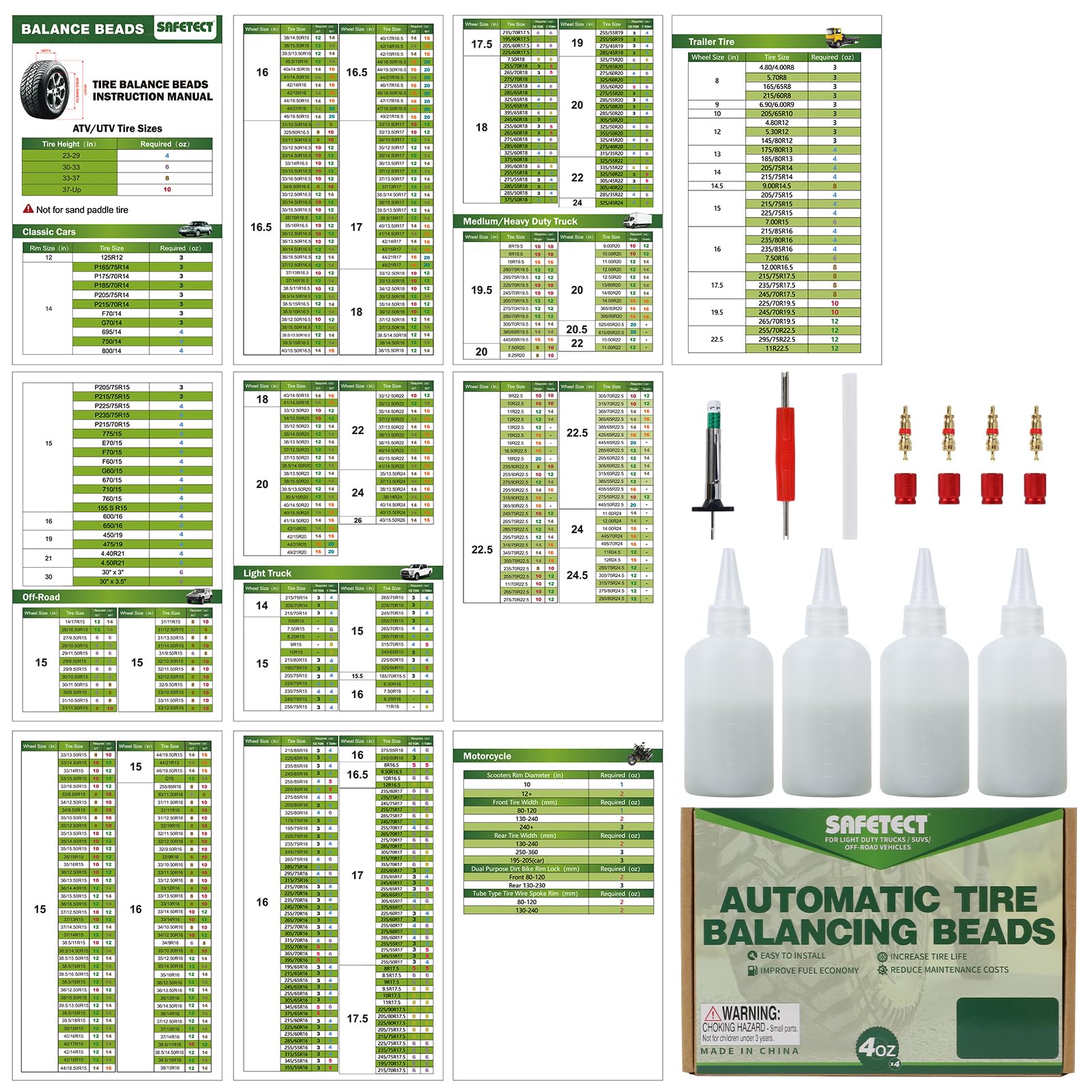Safetect bead packaging contents include cores and tools for DIY balancing.