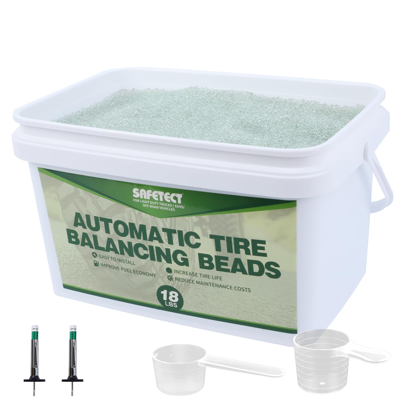 Safetect tire balance beads 288oz container for smoother rides and reduced rolling resistance.