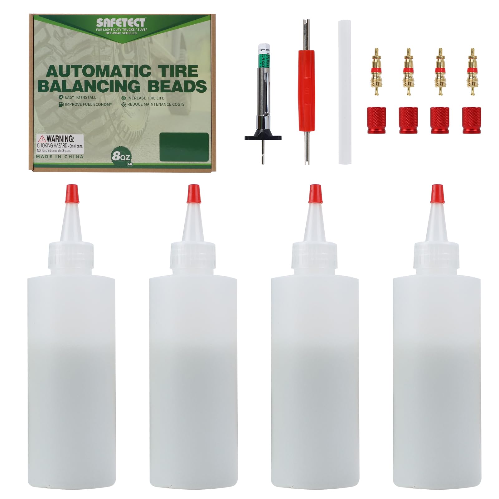 Safetect tire balance beads 8oz pack enhances stability and potential tire life.