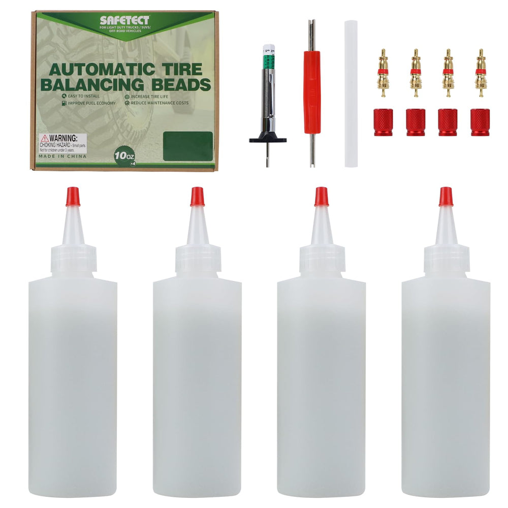 Safetect tire beads 4-oz pack ready for quick on-vehicle balancing.