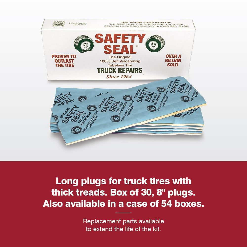 Safety Seal 30-pack plug refills for tubeless truck tires, ideal for workshops and fleets.