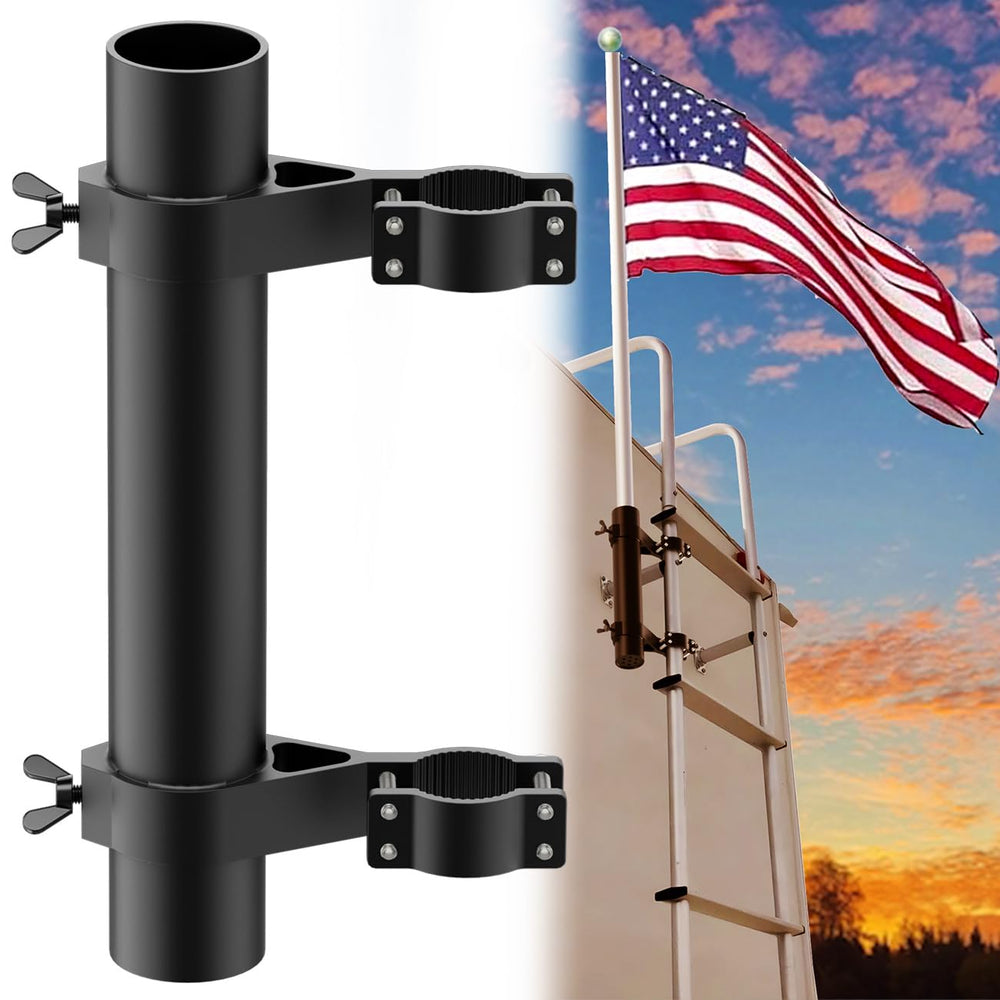 Safoner aluminum RV ladder flagpole holder side view secures flags on ladders during camping.