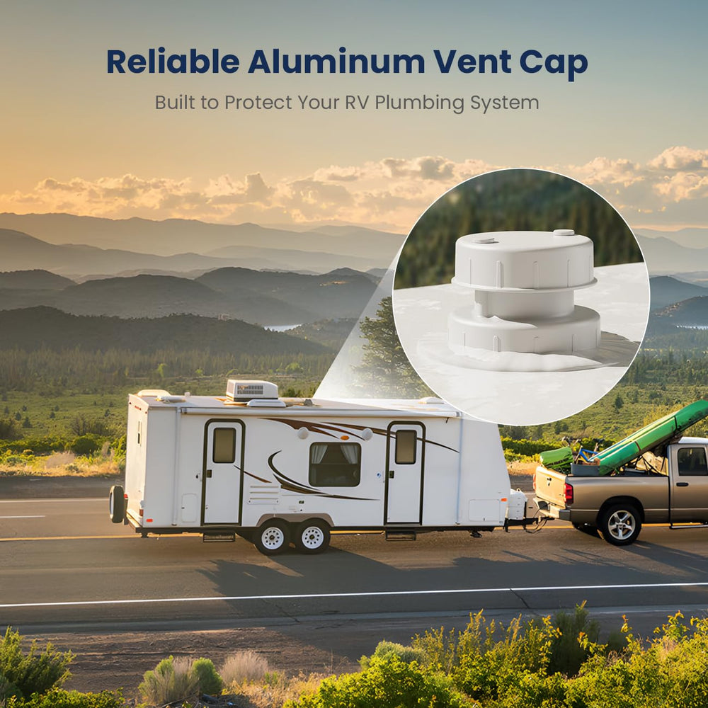 Safoner aluminum RV vent cap side view with white finish, weather-ready design.