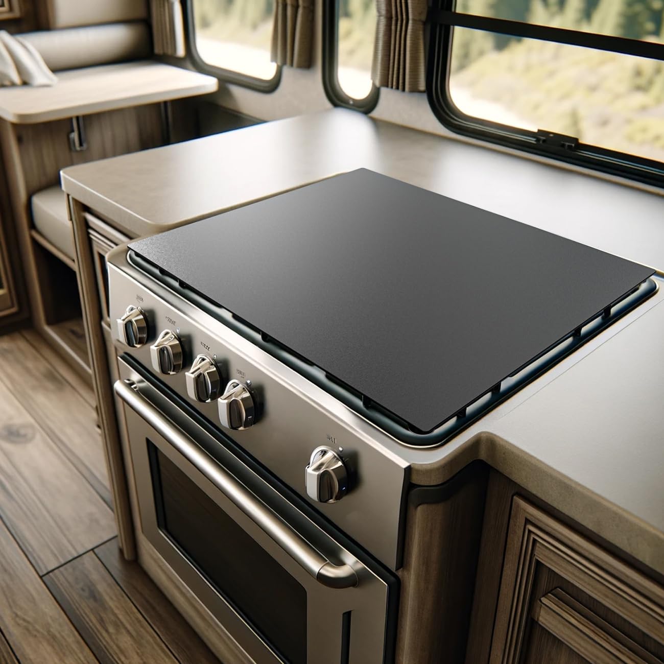 Safoner aluminum RV stove cover demonstrates a sturdy board for extra counter space.