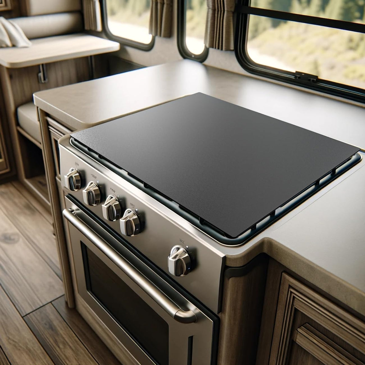 Safoner aluminum RV stove cover demonstrates a sturdy board for extra counter space.
