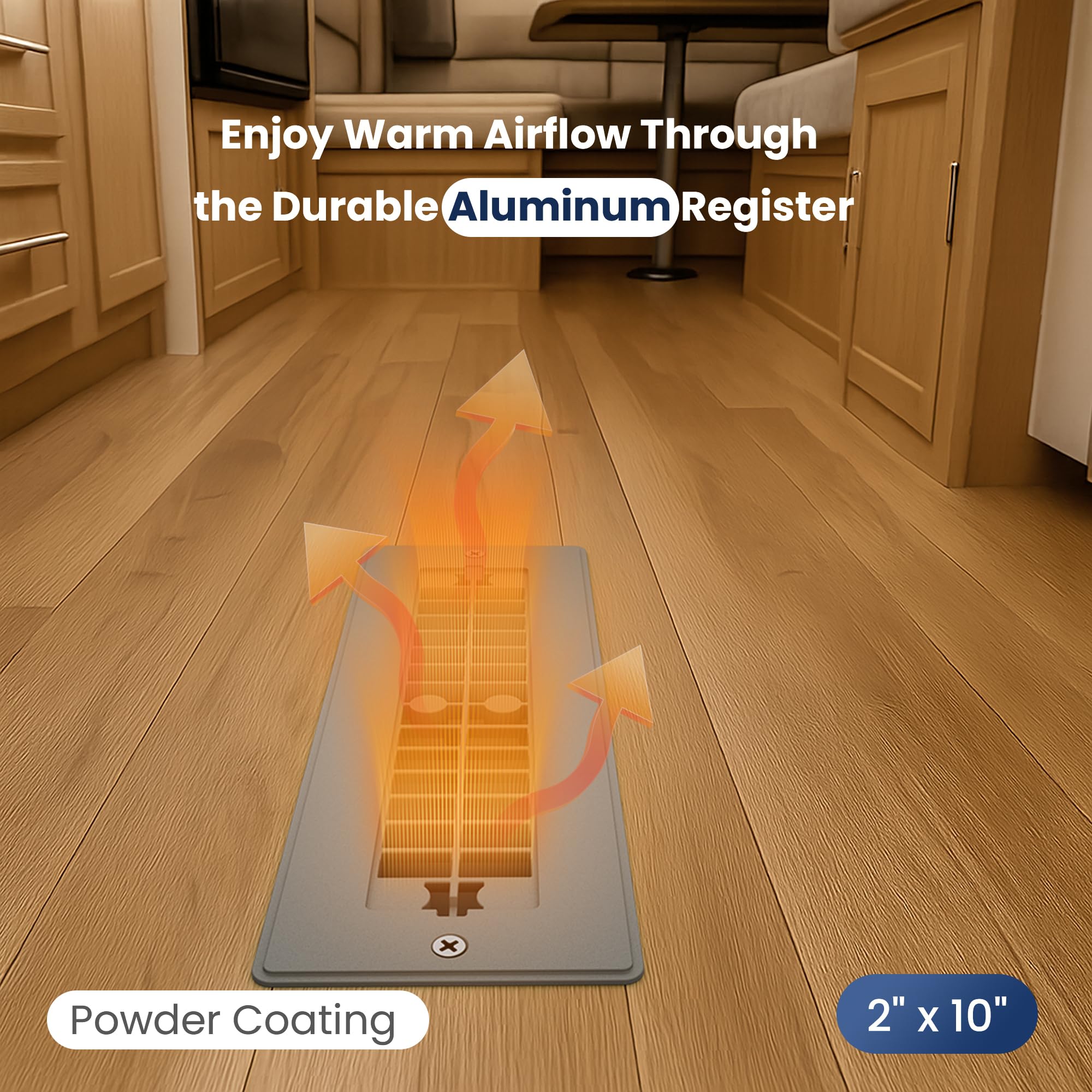 Inside RV setup showing easy-fit floor register and removable cover