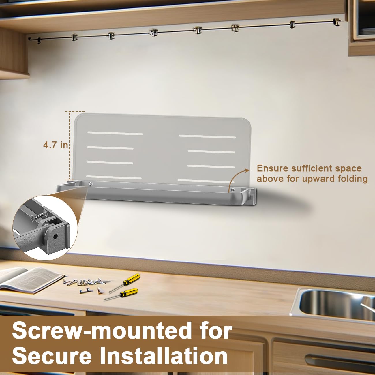 Safoner fold-down shelf extended to hold drinks and devices