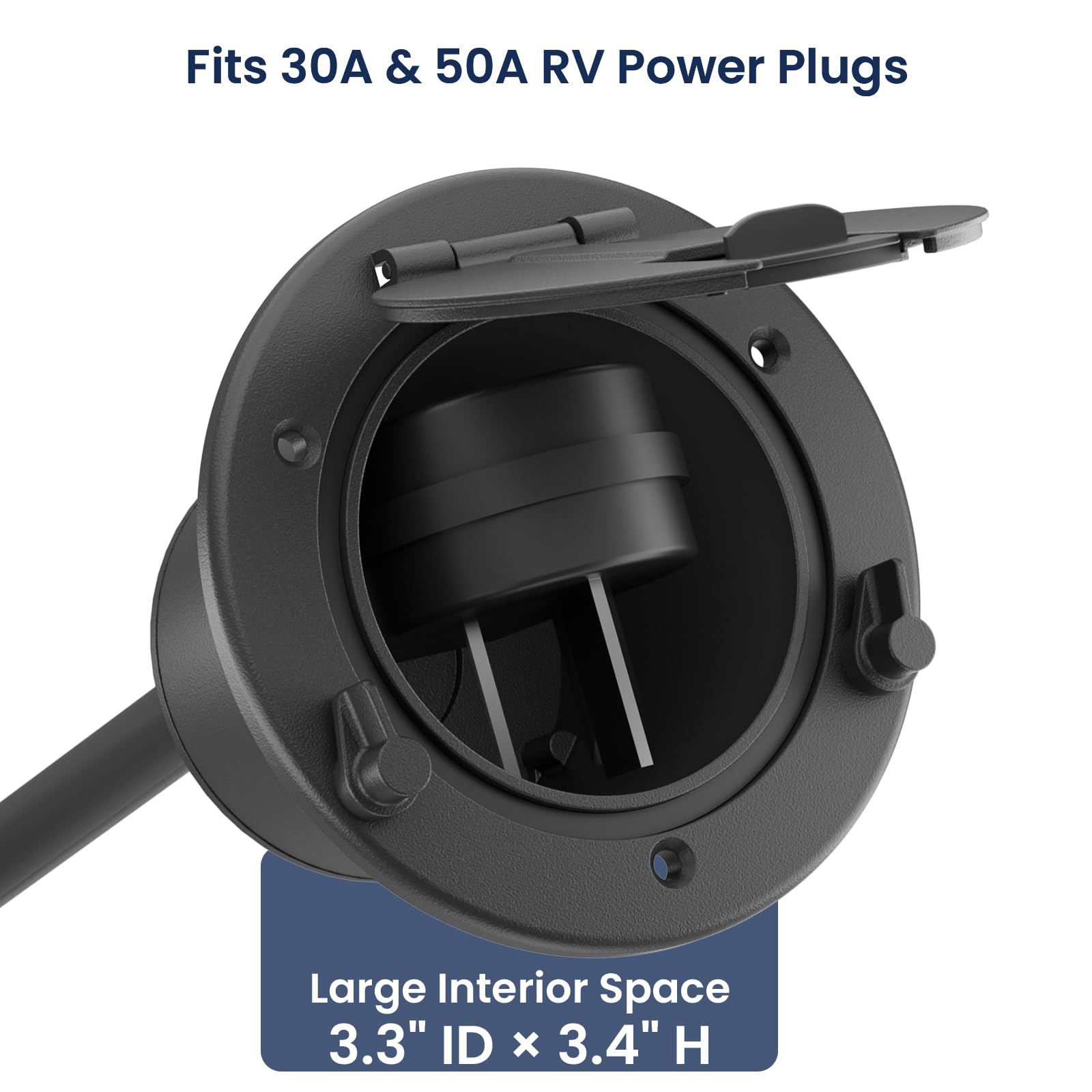 Safoner RV cable pass-through hatch with lid open and 50A plug fitted.