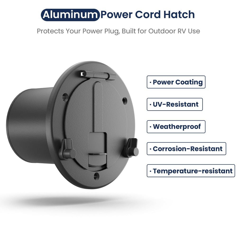 Safoner RV cable pass-through hatch, side view, robust aluminum construction.