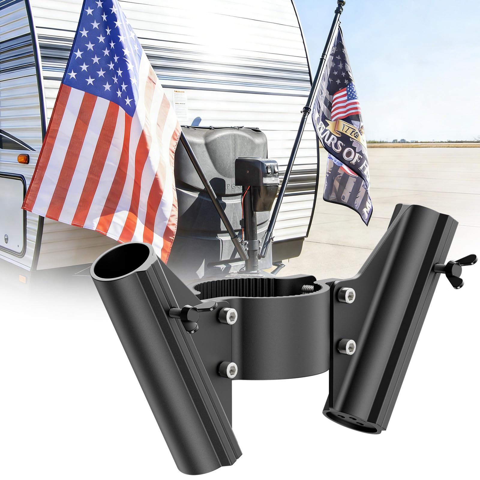 Safoner RV dual flag pole mount on tongue jack displays two flags securely outdoors.