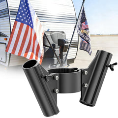 Safoner RV dual flag pole mount on tongue jack displays two flags securely outdoors.