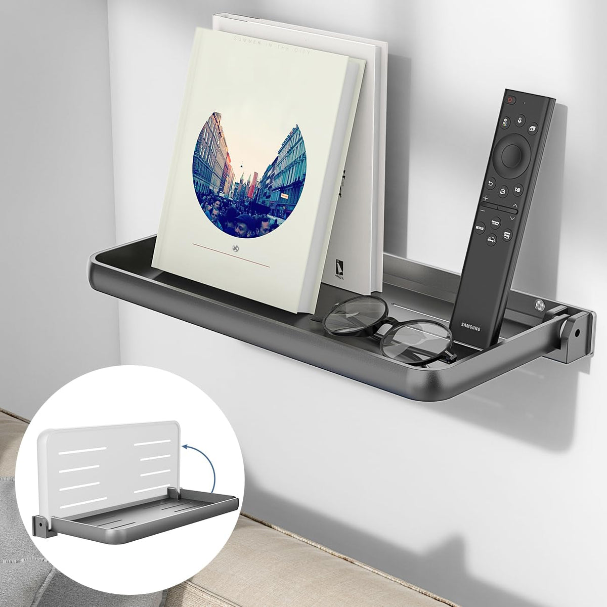 Safoner RV fold-down wall shelf closed for compact storage.