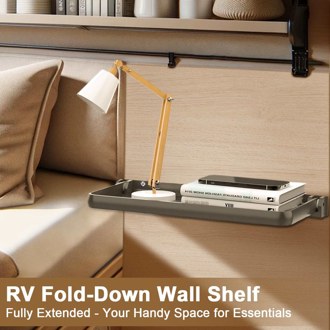 Safoner RV fold-down wall shelf open for quick access to items.
