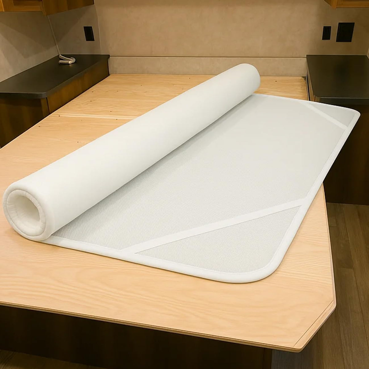 Safoner RV Mattress Underlay shows 3D breathable mesh for fresher on-the-road sleep.