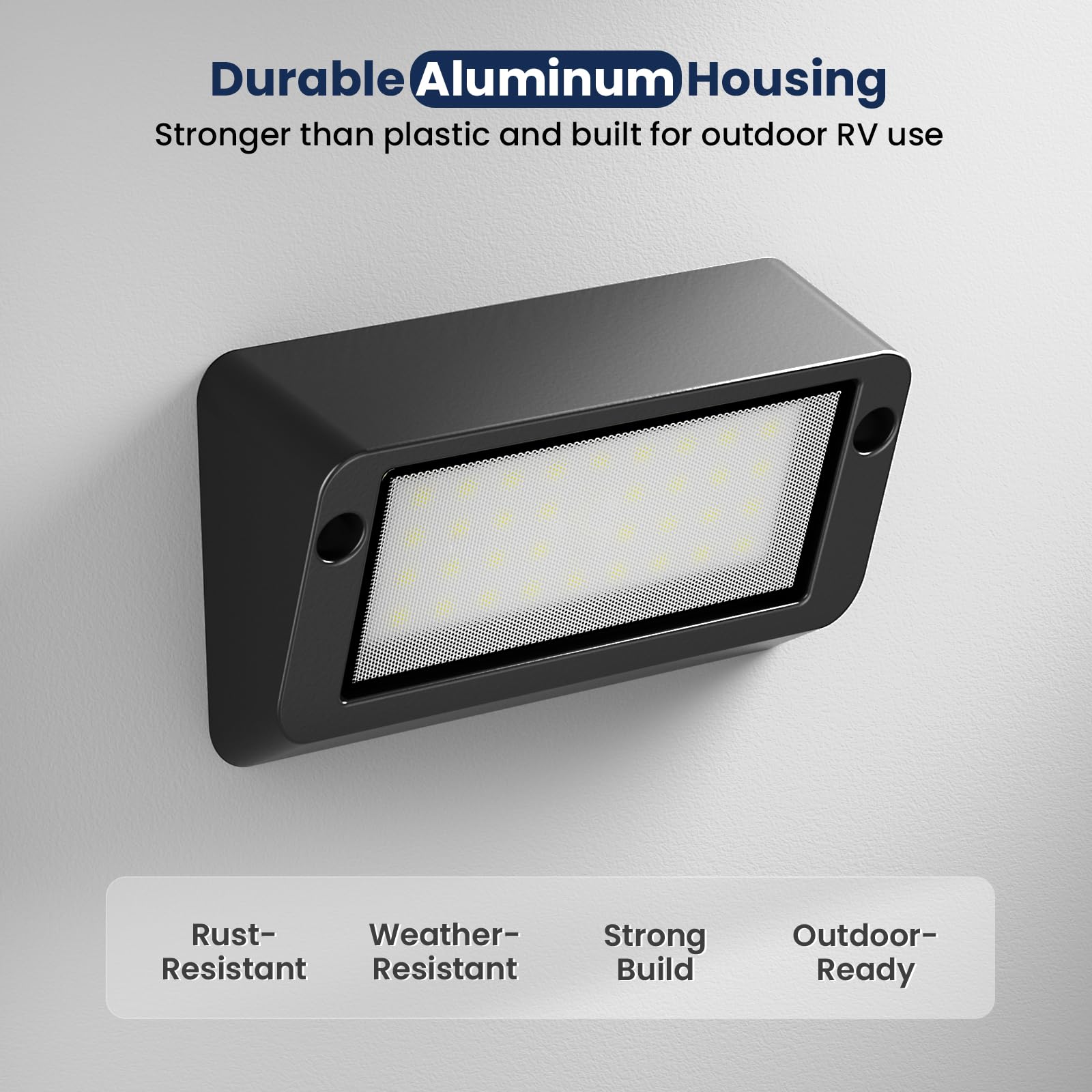 Safoner durable aluminum body highlights corrosion resistance for harsh outdoor conditions.