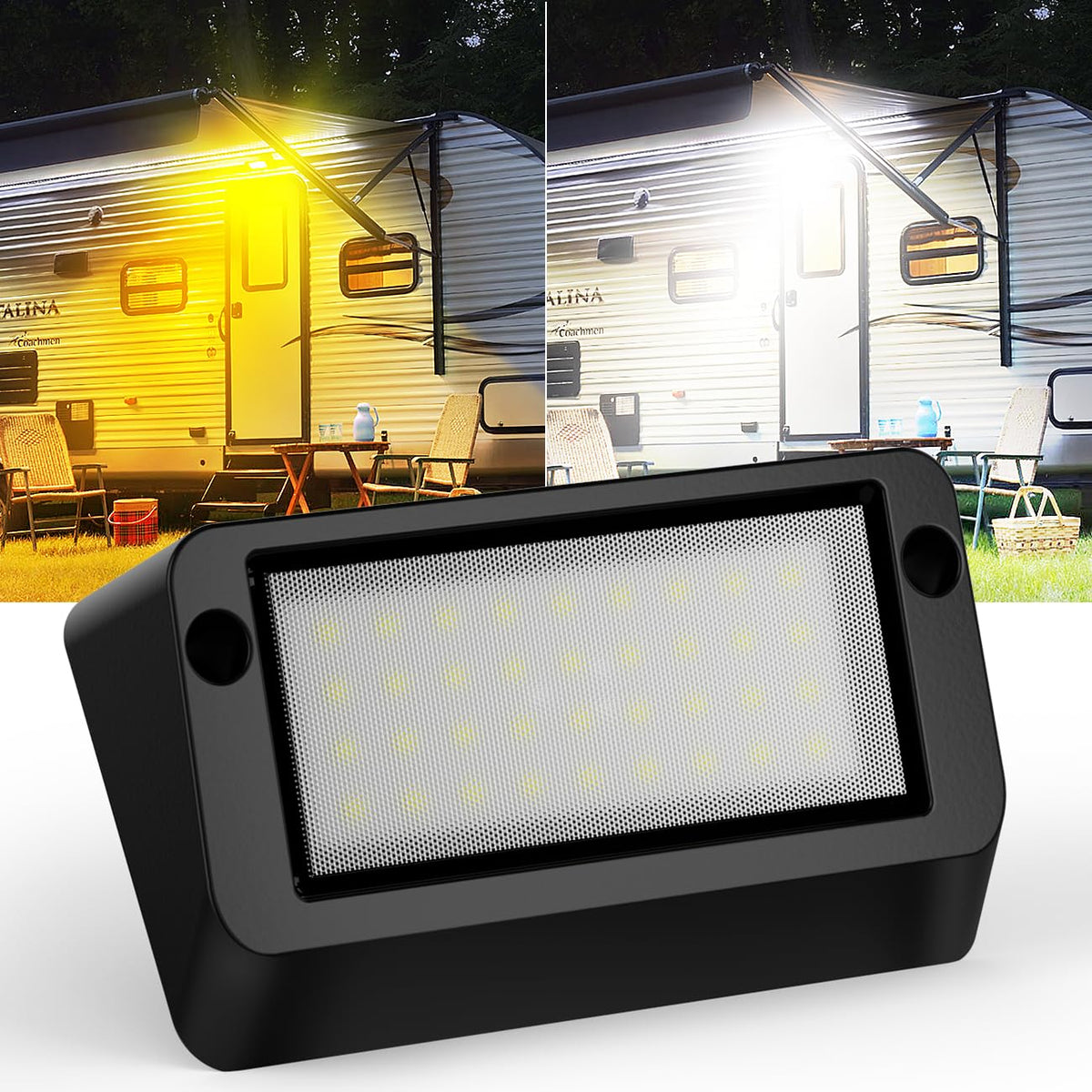 Safoner RV porch light front view with rugged black housing and bright LEDs for outdoor use.