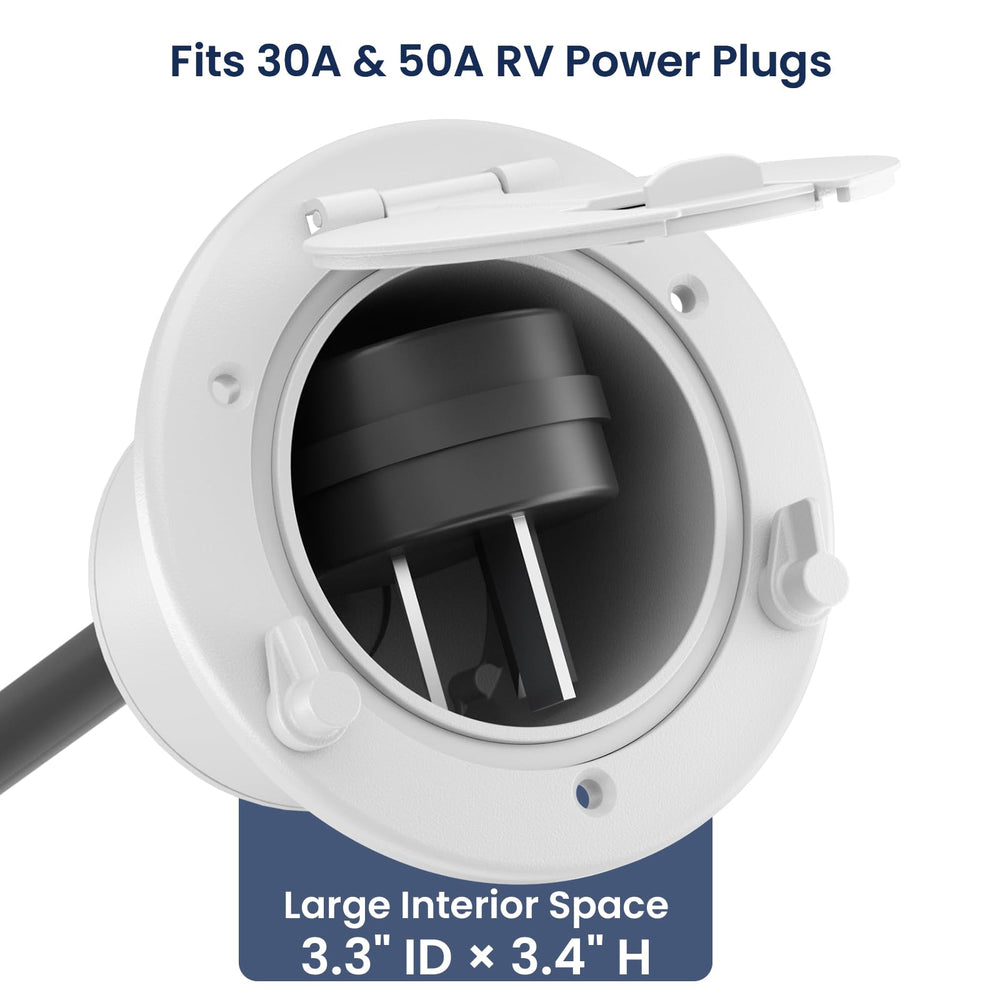 Safoner hatch cover lid open demonstrates easy access for 30A/50A plugs.