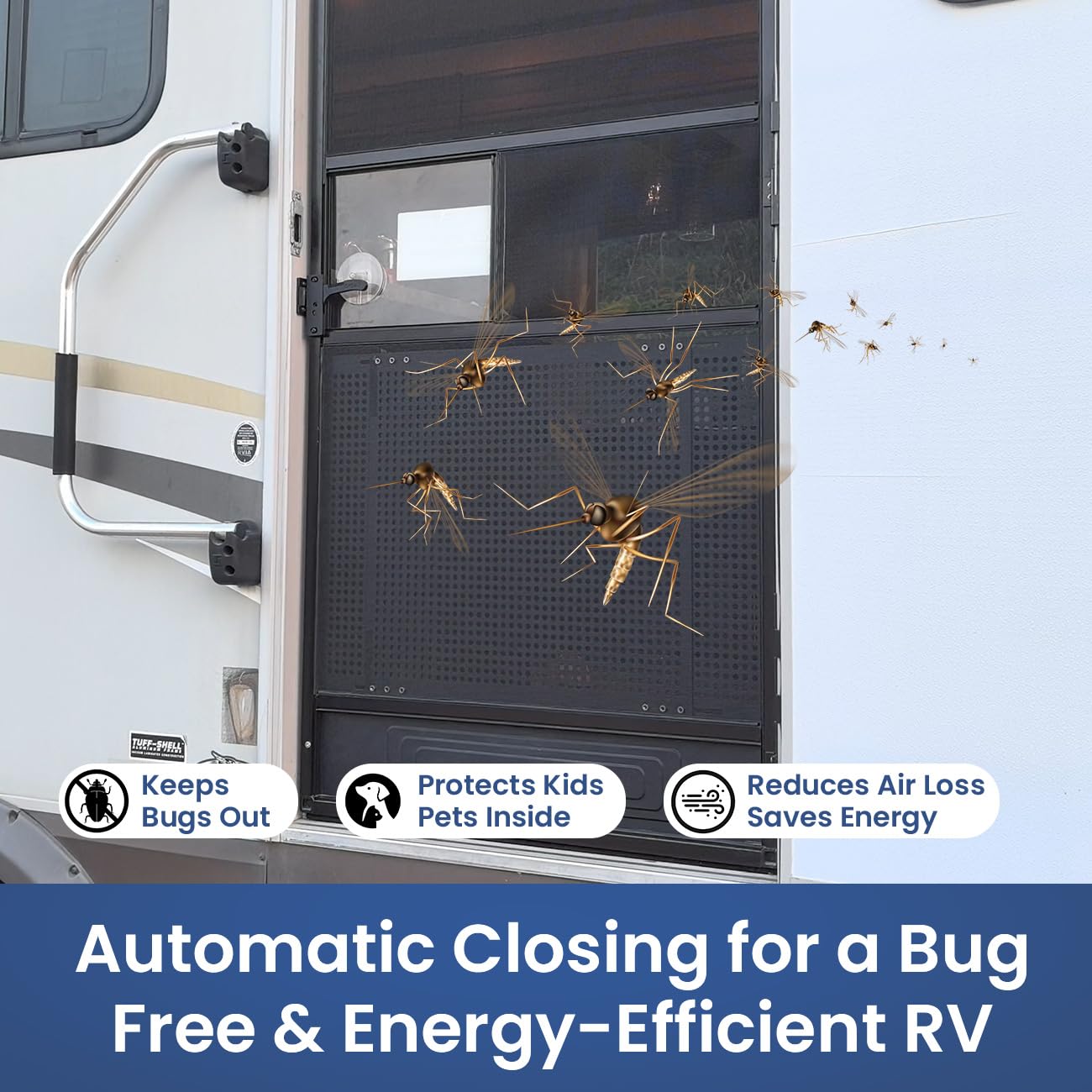 Safoner black aluminum body blends with RV screen doors for durability
