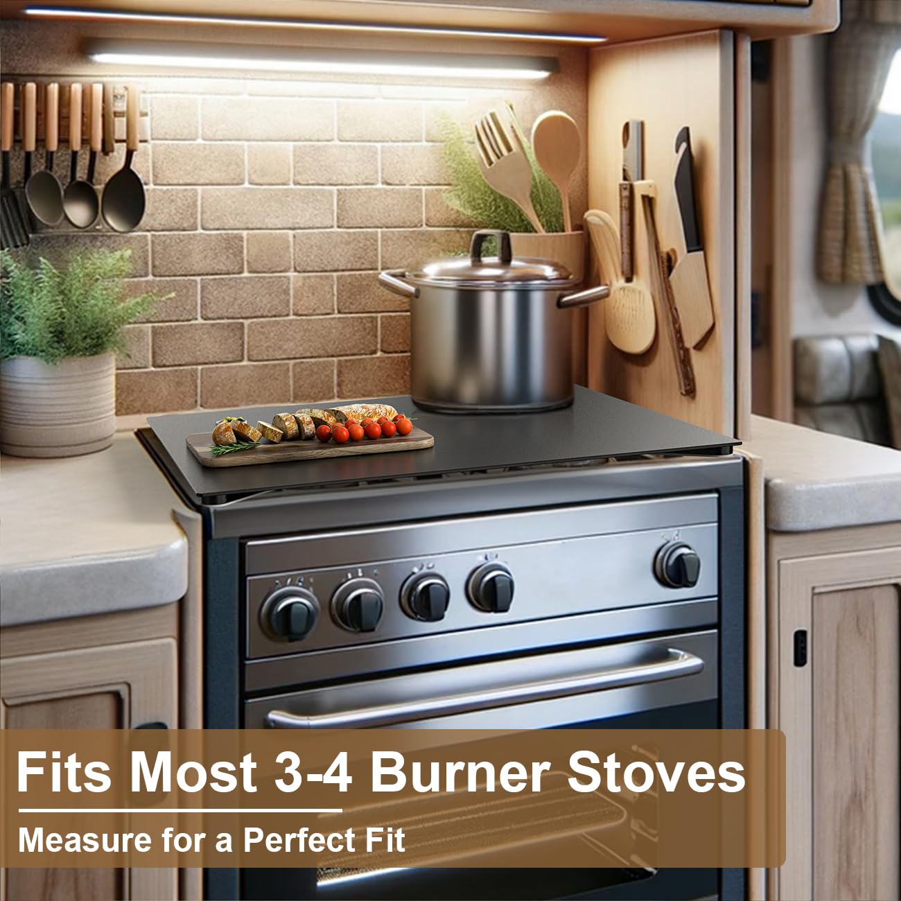 Safoner stove cover protects burners and expands usable prep space.