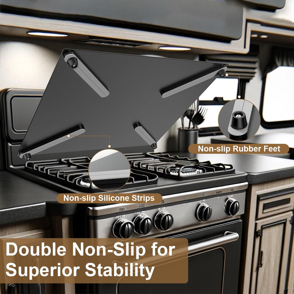 Safoner stove cover features rubber feet to reduce rattling during travel.