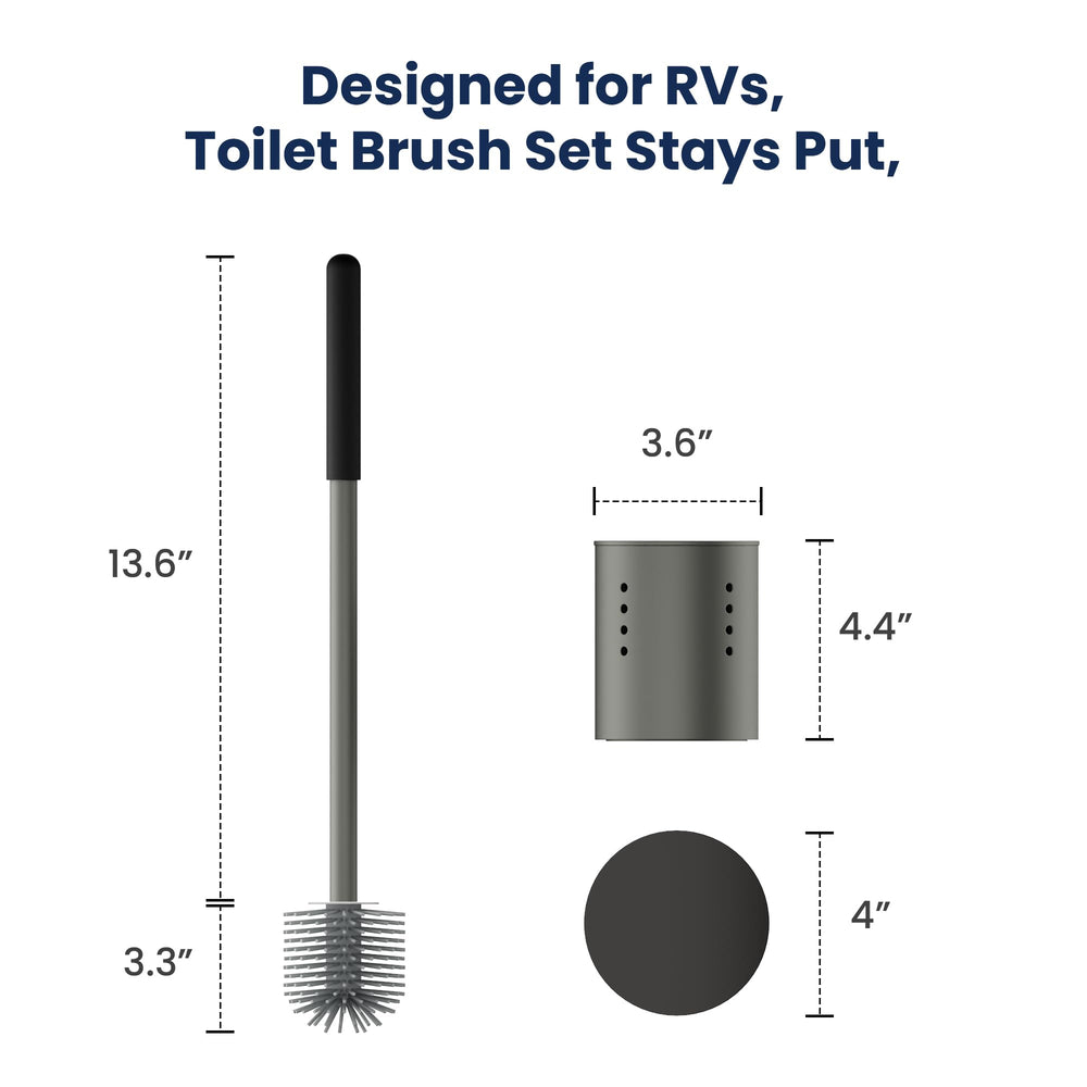 Safoner brush in a compact camper bathroom demonstrating easy cleaning