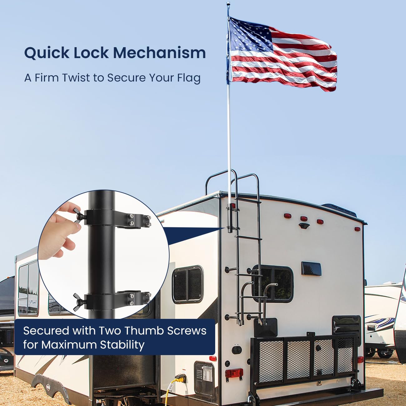 Safoner universal-fit flagpole holder accommodates 1 to 1.74 inch poles for RV ladders.