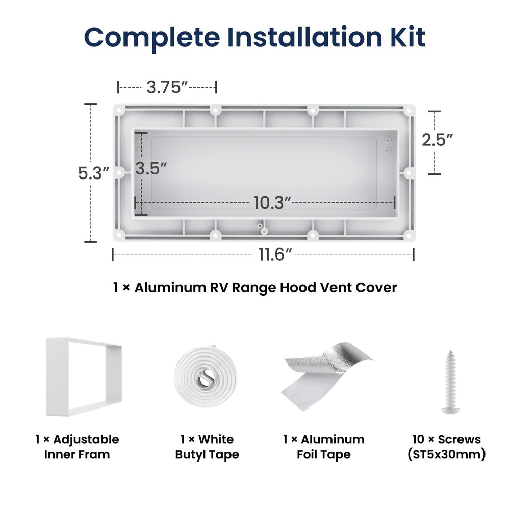 White Safoner exterior kitchen vent cover for travel trailers and motorhomes.