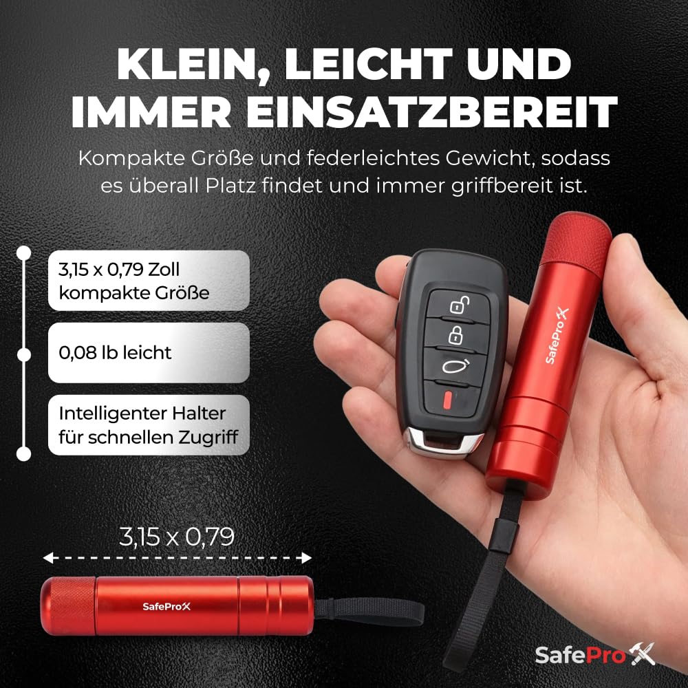 2-in-1 design combines window breaker and seatbelt cutter.