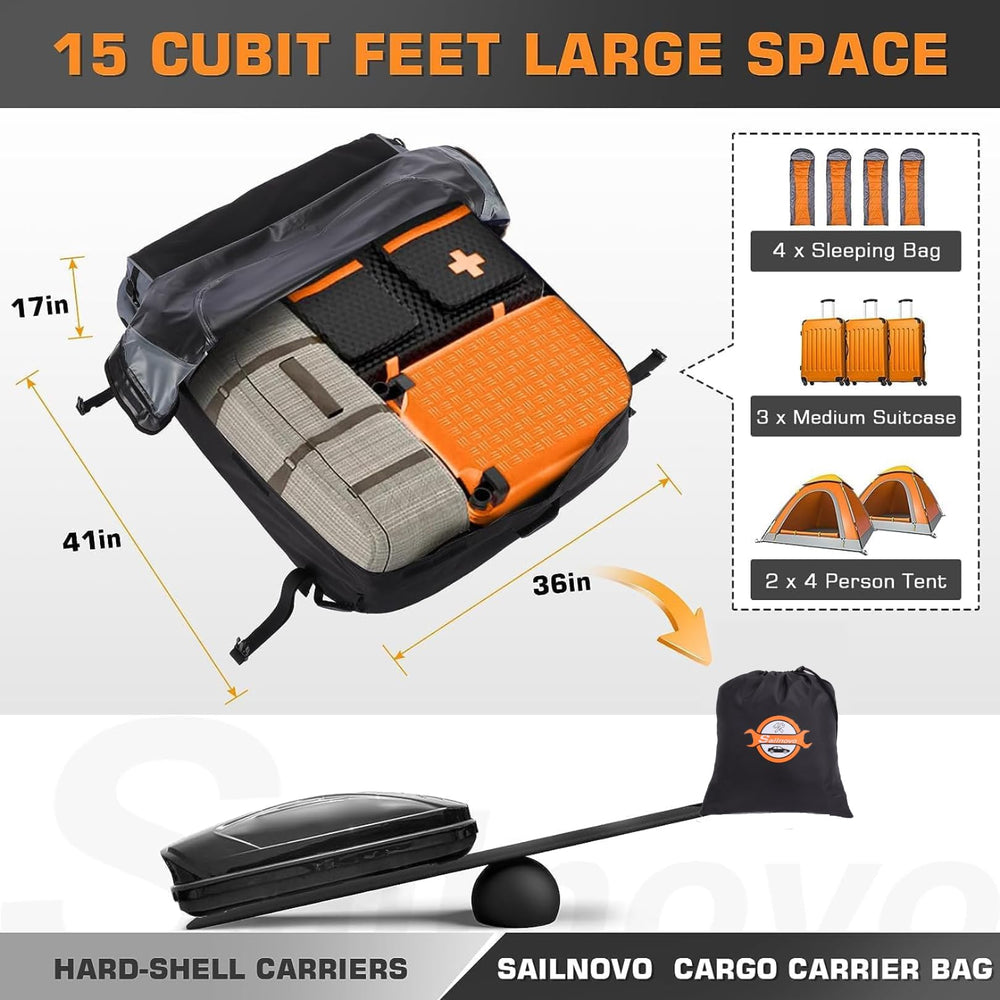 Sailnovo rooftop carrier bag showing 15 cubic feet capacity for family travel