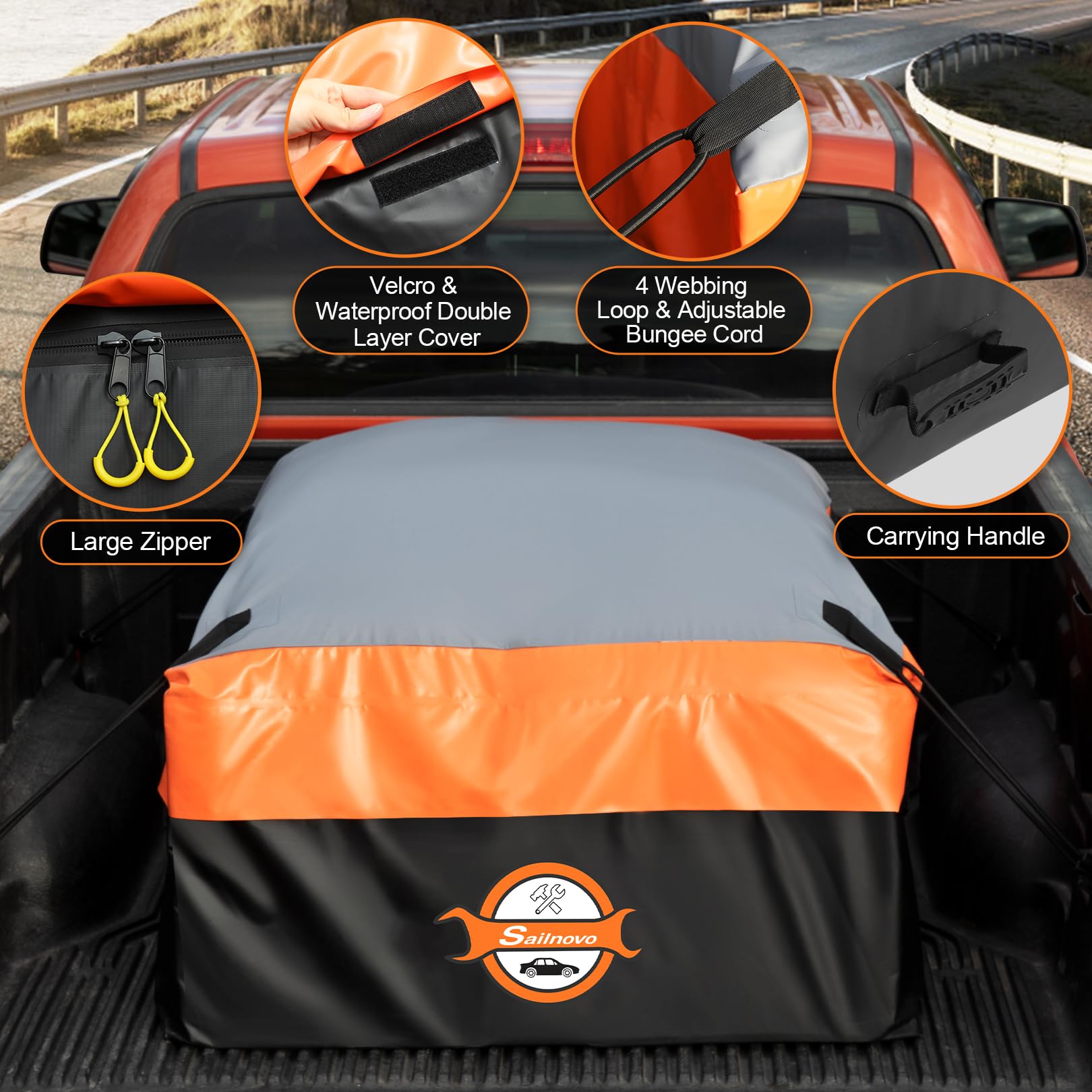 Sailnovo bag in a full-size pickup demonstrates generous capacity.
