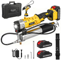 Saker electric grease gun with battery pack powering extended lubrication sessions.
