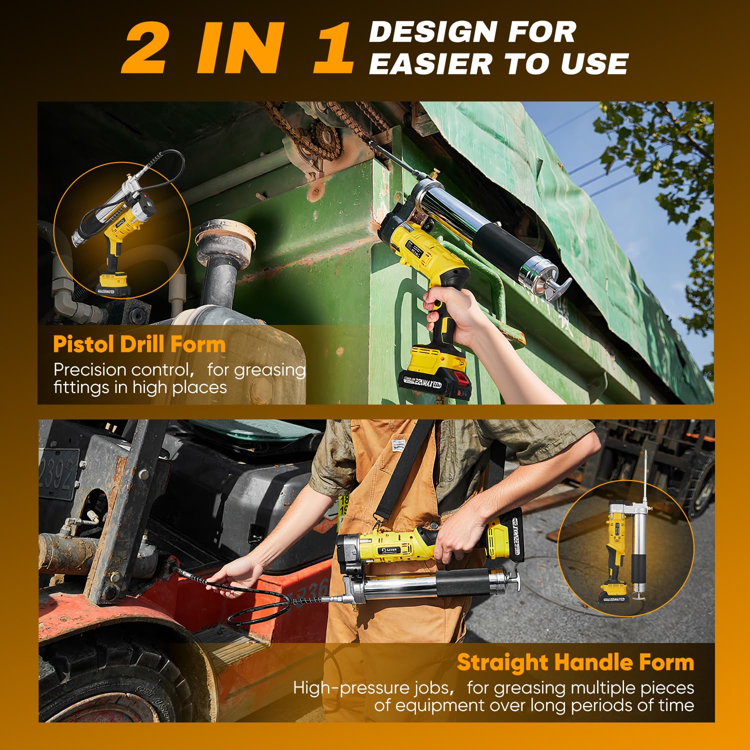 Saker grease gun with flexible hose and LED light for hard-to-reach spots.
