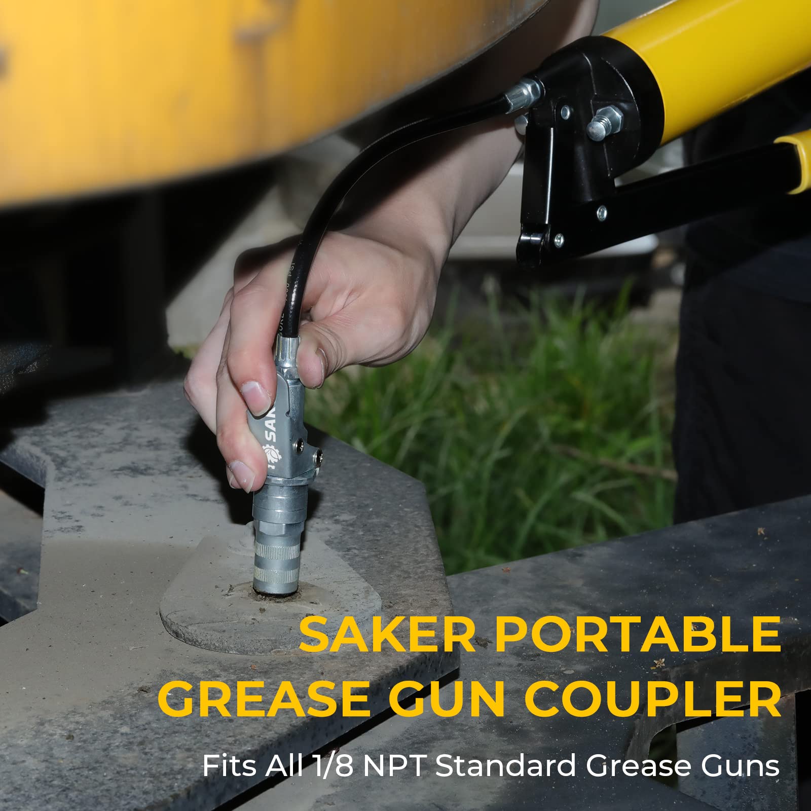 Saker grease gun coupler in farm and construction settings for everyday use