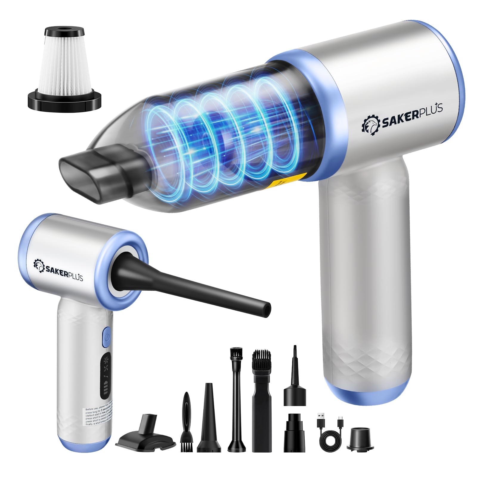 SakerPlus mini vacuum with suction nozzle cleans car interiors efficiently
