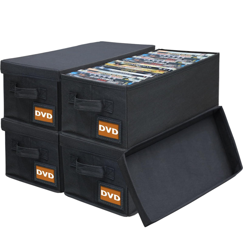 Salajory DVD storage box front view shows organized media on a shelf