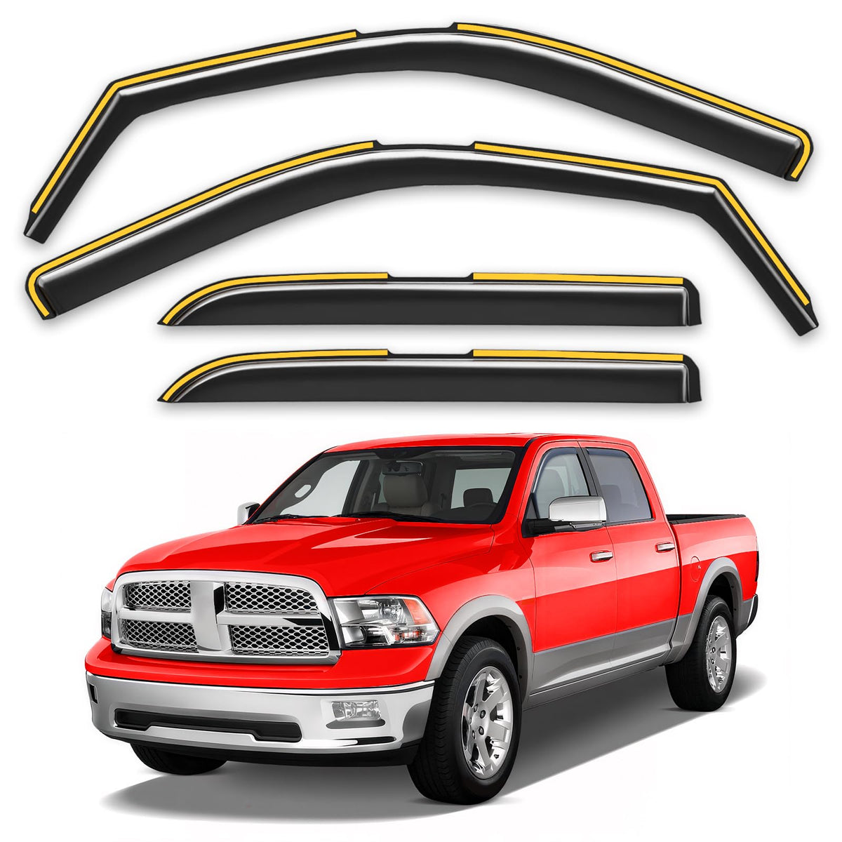 Saleago in-channel rain guards on Ram 1500 Crew Cab improve airflow and weather protection.