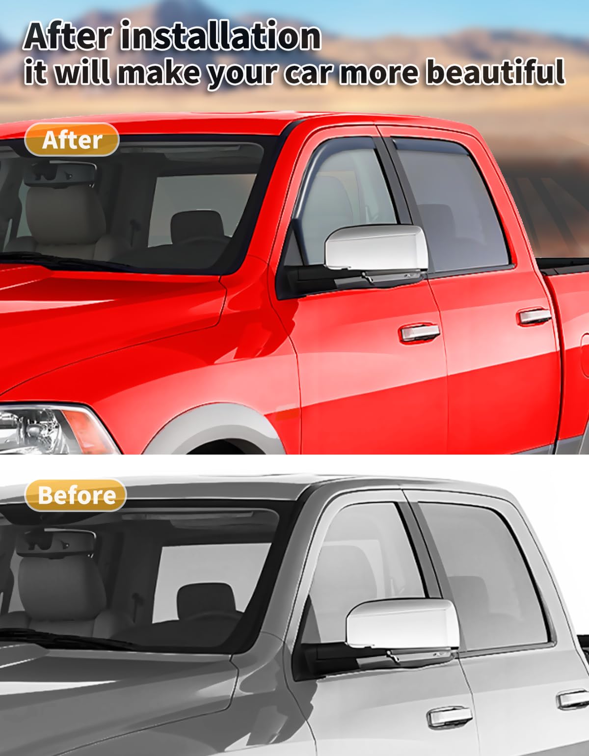 Saleago window visors for Ram 2500/3500 Mega Crew Cab provide rain shielding and airflow.