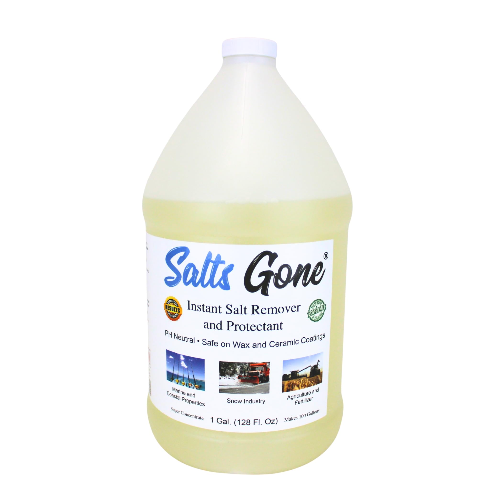 Salts Gone 1gal bottle demonstrates quick corrosion removal on salt-exposed surfaces.