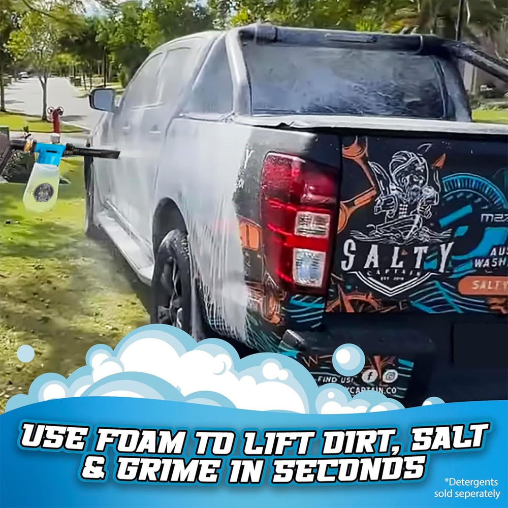 Boat washing with Salty Captain Foam Cannon delivering rich foam