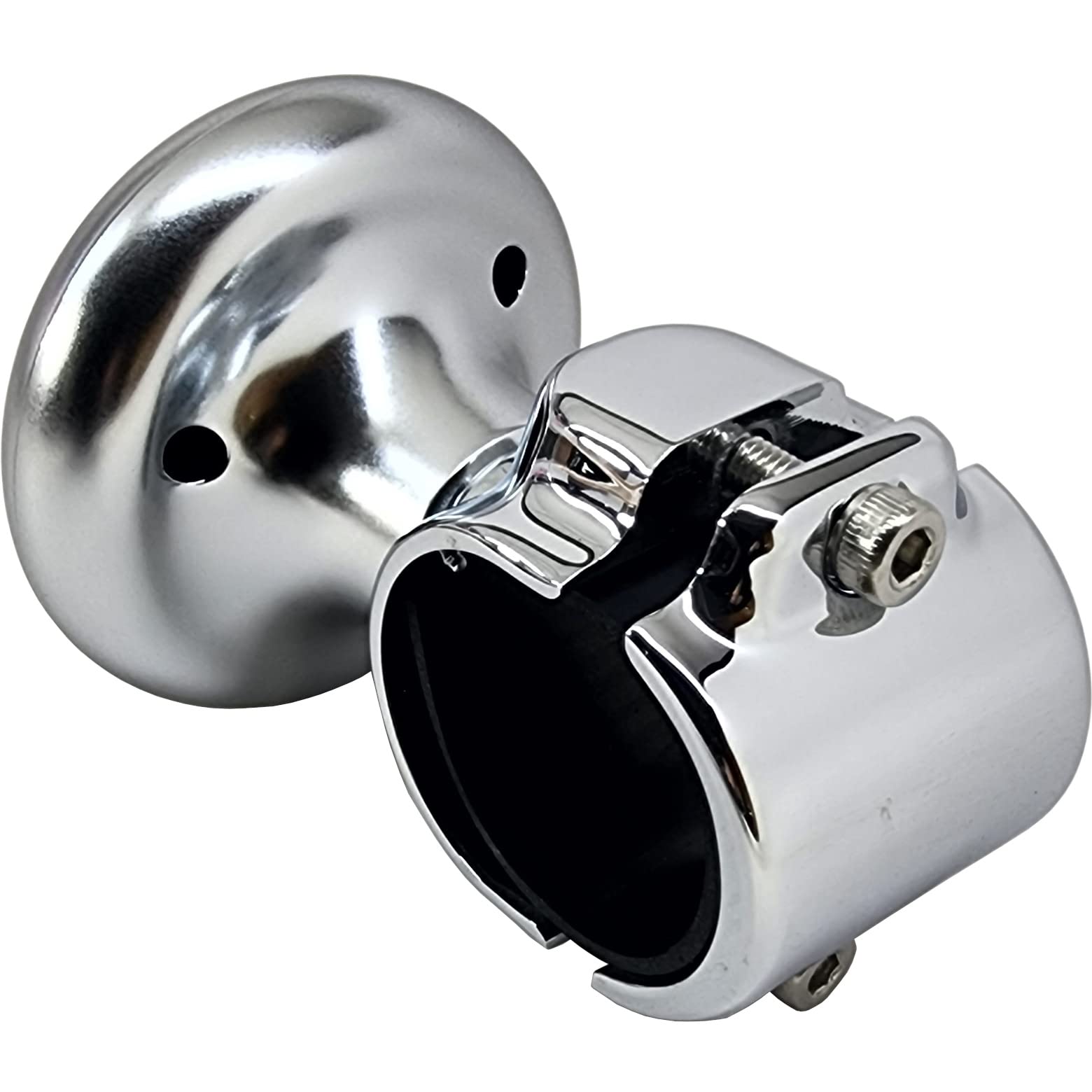 Close-up of Salty Reef Suicide Knob installed on helm for easy docking and trolling.