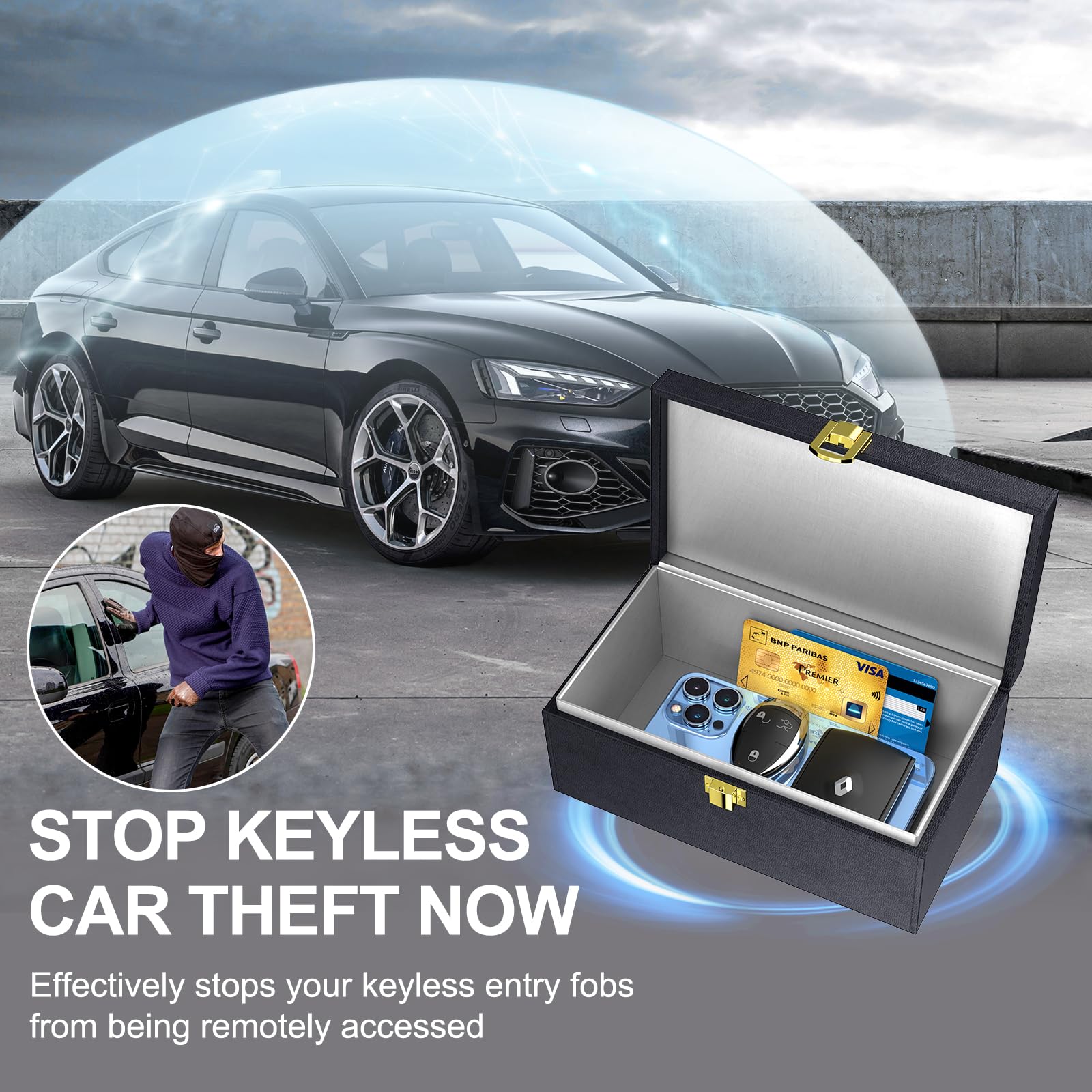 Samfolk Faraday Box interior shows dual-layer lining that blocks wireless key signals.