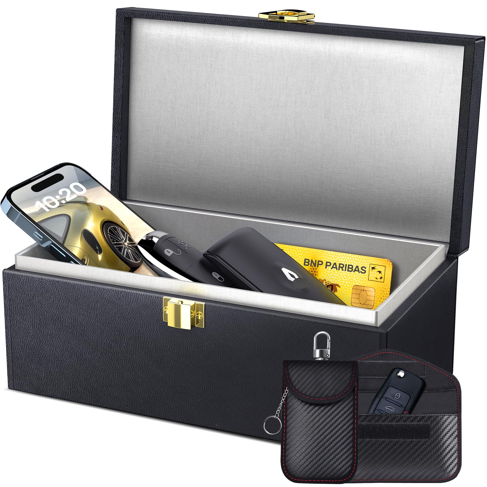 Samfolk Faraday Box with wood and leather design shielding car keys from signal theft.