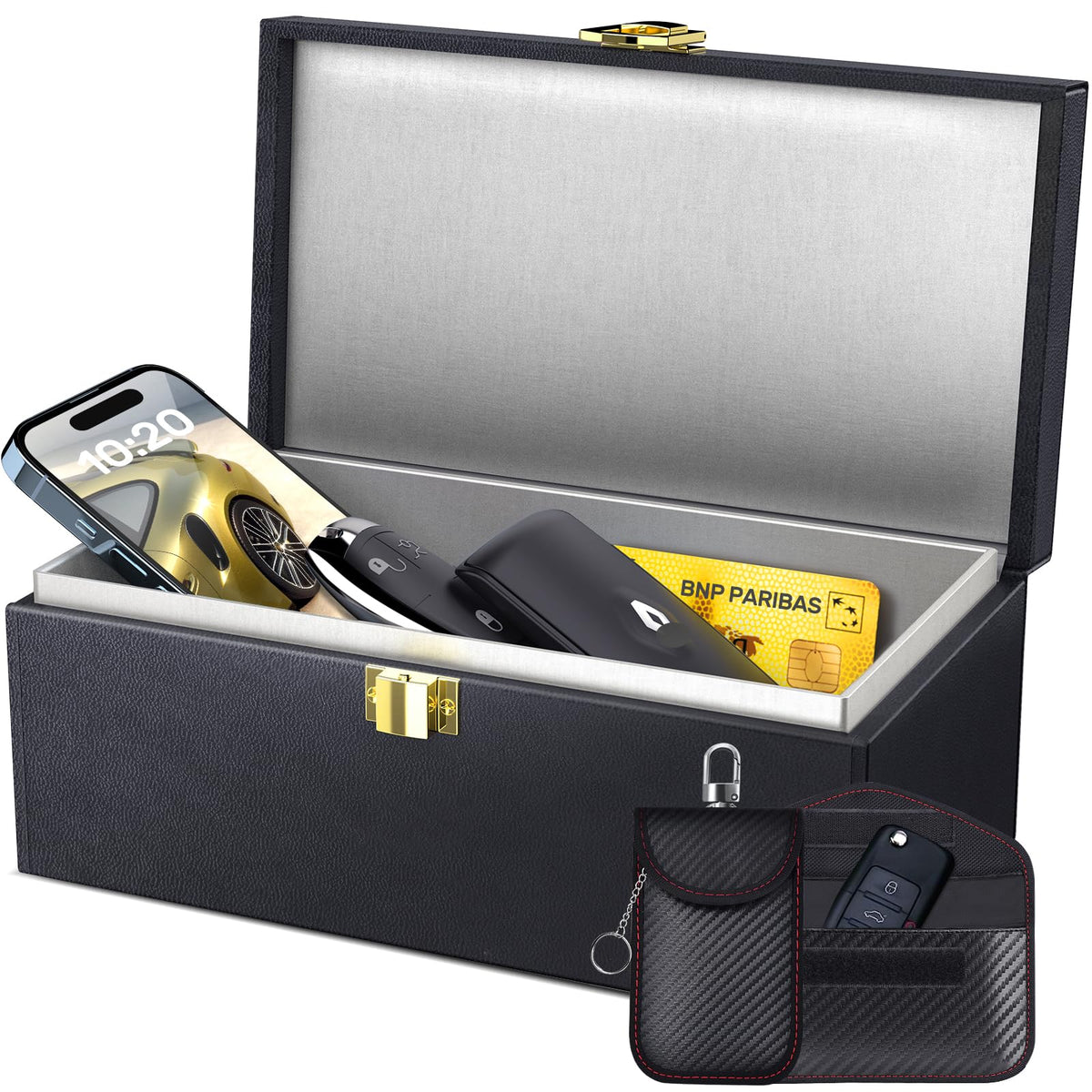 Samfolk Faraday Box with wood and leather design shielding car keys from signal theft.