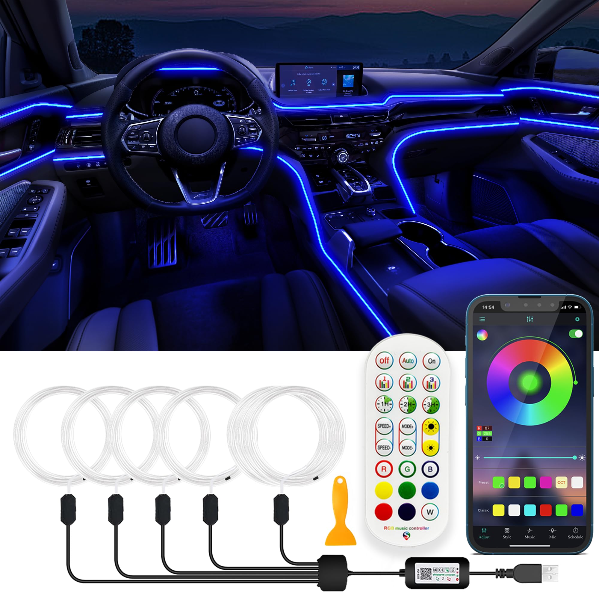 SAMGCHI USB Car LED Lights with app control illuminate your cabin with customizable ambient lighting.