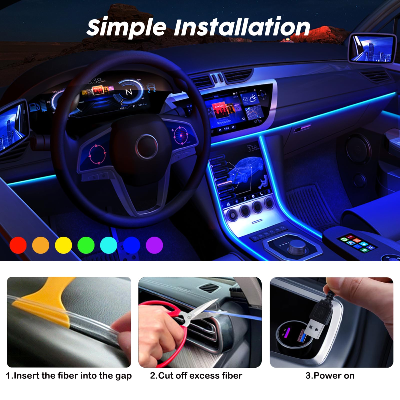 SAMGCHI ambient lighting kit installs quickly with pre-installed fiber and simple clipping.