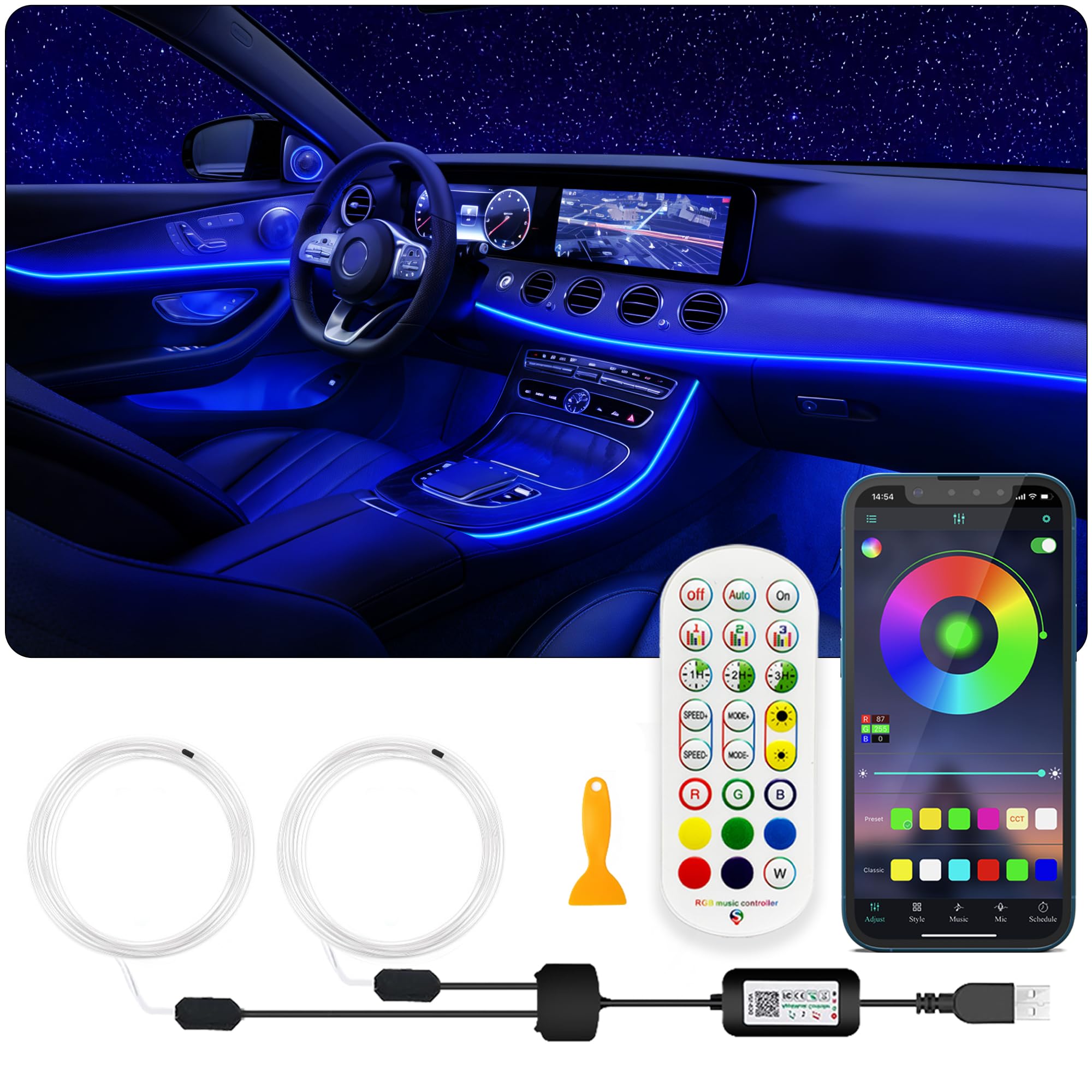 SAMGCHI USB car LED lights strip providing customizable ambient lighting inside the car interior.