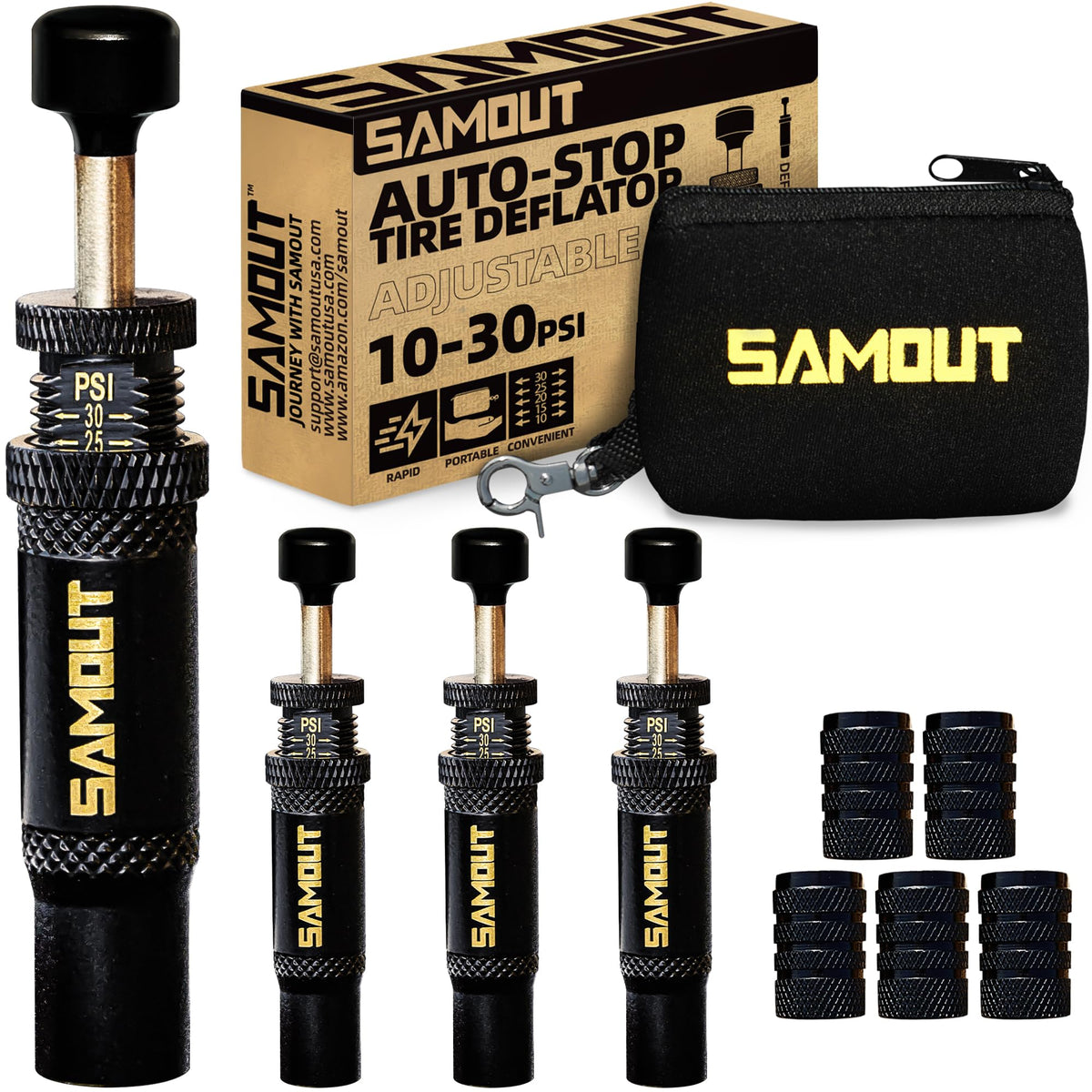 SAMOUT adjustable auto-stop deflator valve in use for quick tire air-down