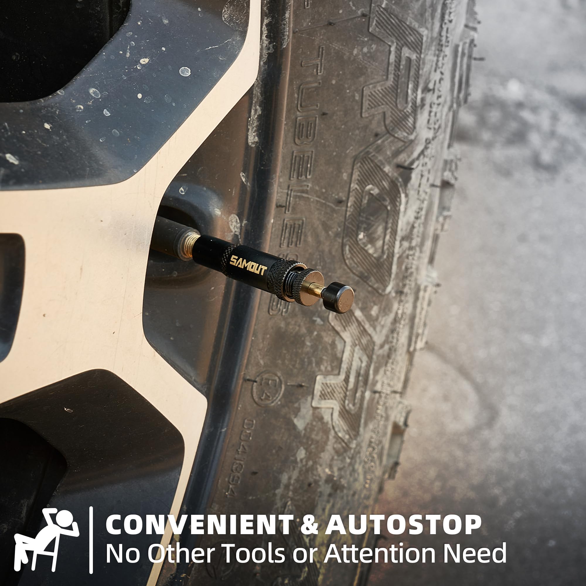 SAMOUT offroad setup demonstrated with rapid tire deflation on rugged terrain