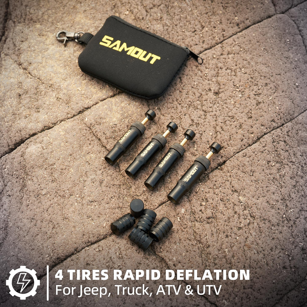 SAMOUT tire deflator in action for easier trail tire pressure adjustments